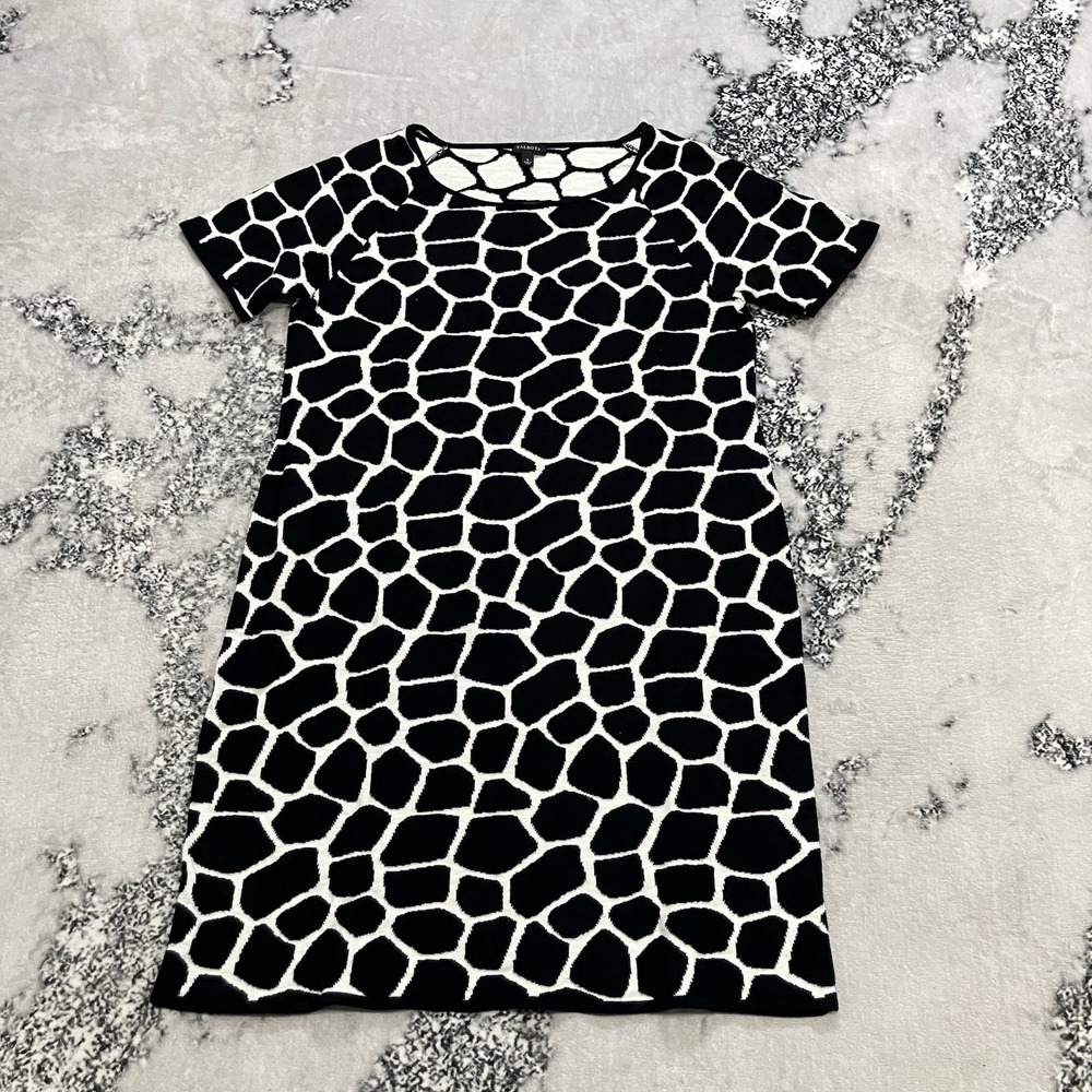 Talbots Black White Animal Print Knit Dress Womens Size Large Short Sleeve